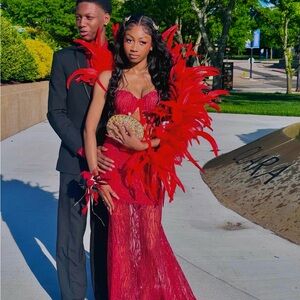 Stunning Red Feathered Gown